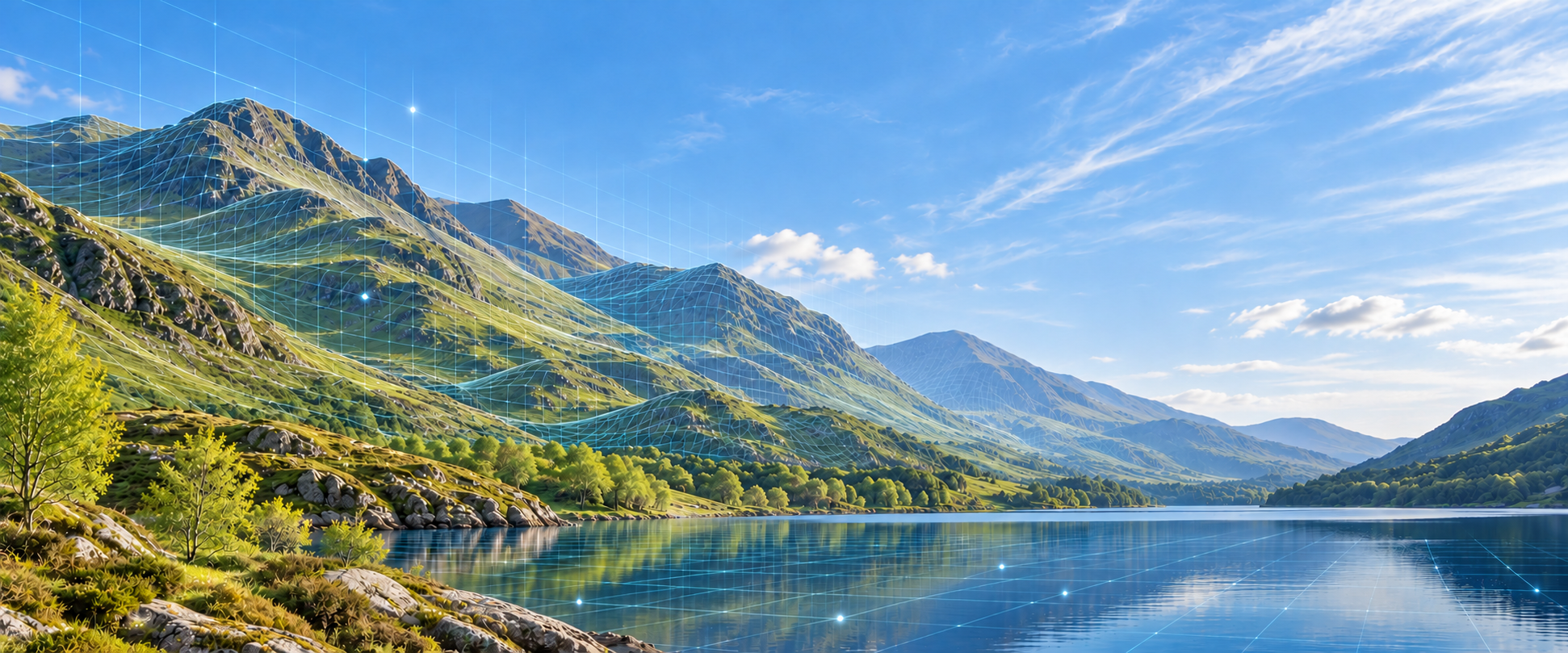 Green mountains and a calm lake with a fine blue digital grid