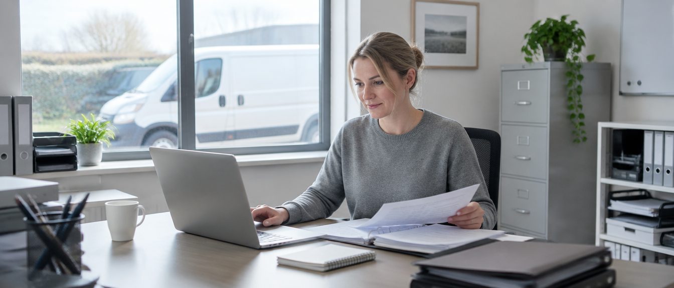 Business owner reviewing customer records at her laptop